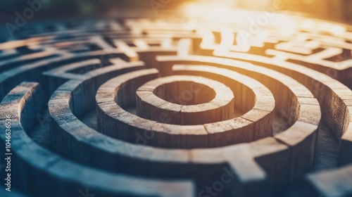 Close-up of a wooden maze design, showcasing intricate patterns and textures in warm lighting.