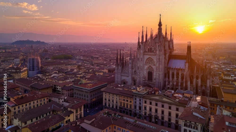 Fototapeta premium Aerial city skyline at sunset, stunning cathedral stands tall, rooftops glow softly in warm hues, urban landscape transitions into evening serenity