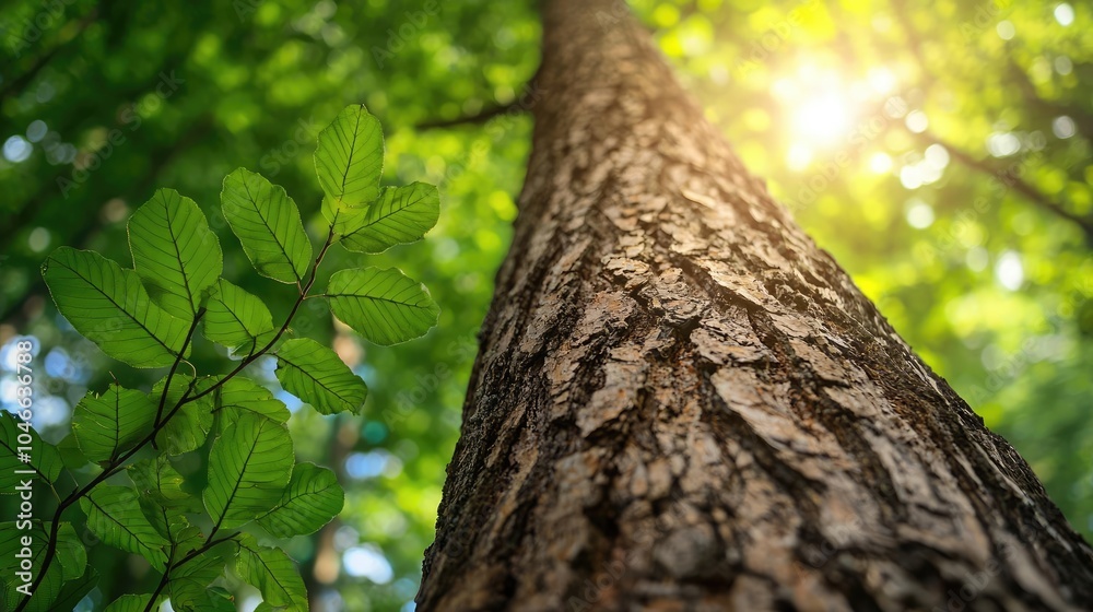 Tall tree trunk with green leaves and sunlight filtering through the canopy. Tall tree trunk with green leaves and sunlight filtering through the canopy.