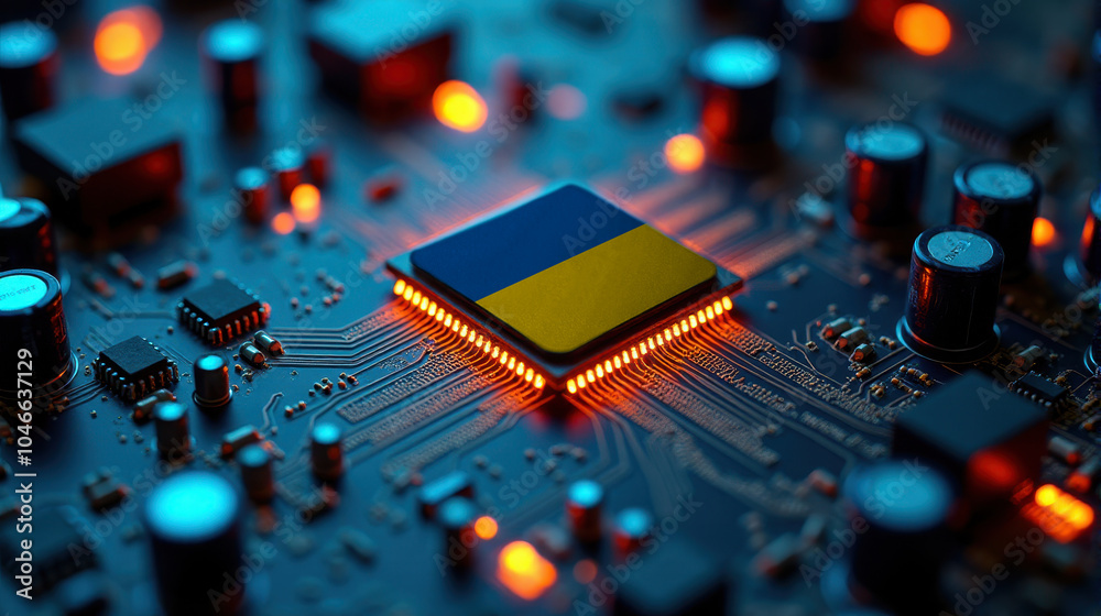 A Ukraine flagged microchip is centered on a circuit board, surrounded by illuminated components, symbolizing role in semiconductor innovation and technology leadership. A Ukraine flagged microchip is centered on a circuit board, surrounded by illuminated components, symbolizing role in semiconductor innovation and technology leadership.
