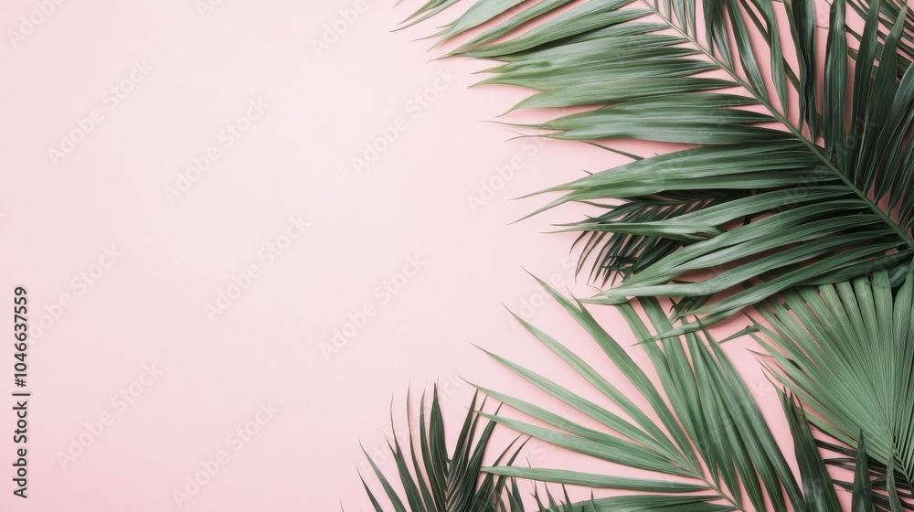 Obraz premium Photo of, Pink background with minimalist tropical vibes and palm leaves for design, banner template