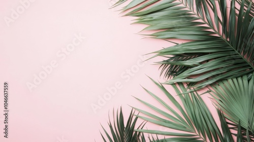 Photo of, Pink background with minimalist tropical vibes and palm leaves for design, banner template