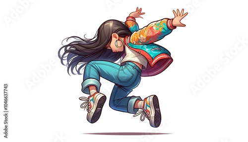 Energetic Cartoon Girl Jumping with Vibrant Jacket. generator AI