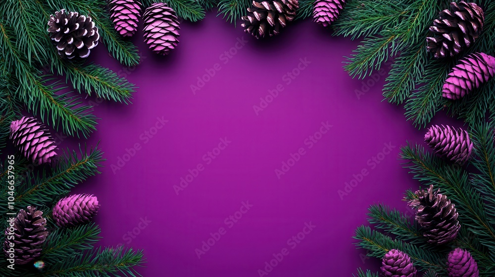 Fototapeta premium A vibrant purple background surrounded by pinecones and evergreen branches, creating a festive and natural frame.