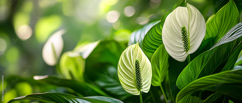 Fototapeta premium Closeup of a Peace Lily with White Blooms and Green Foliage
