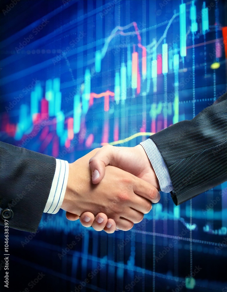 A firm hand shake on a out of focus stock market background A firm hand shake on a out of focus stock market background