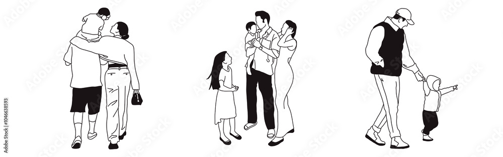 Hand-drawn doodle family icon set. Outline family clipart. Hand-drawn black art.