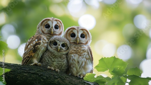 A family of owls perched on a leafy tree branch. photo