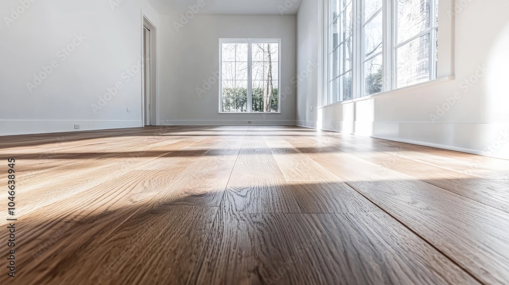Obraz premium Workers are installing hardwood floors in a bright room.