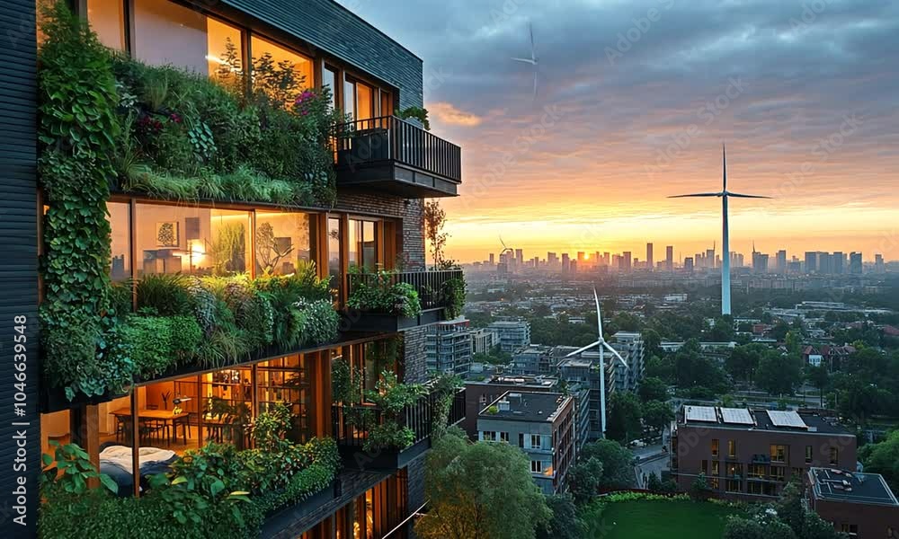Modern building with lush greenery at sunset overlooking a city.