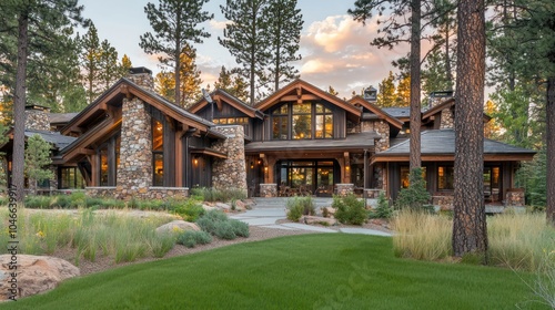 Mature pine trees surround a rustic lodge with natural stone and timber in the suburbs.