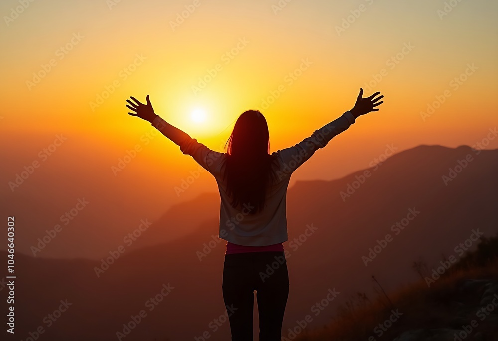 Fototapeta premium Silhouette of a woman's back spreading arms in the air on mountain against sunset sky