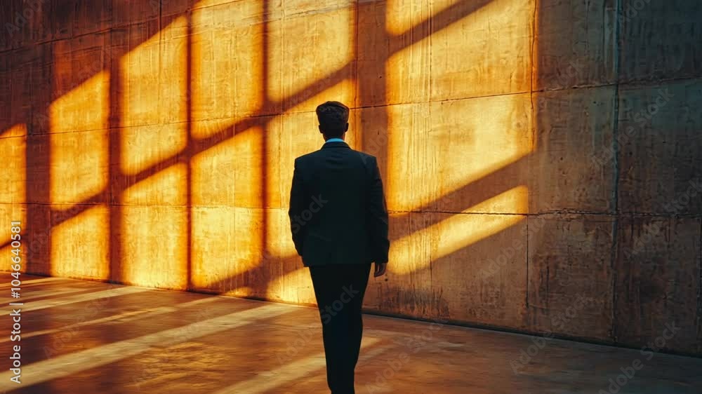 A businessman walks towards a wall of windows, sunlight casting shadows.