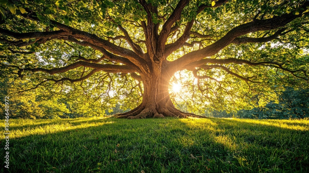Majestic tree with sprawling branches under sunlight in a lush green field.