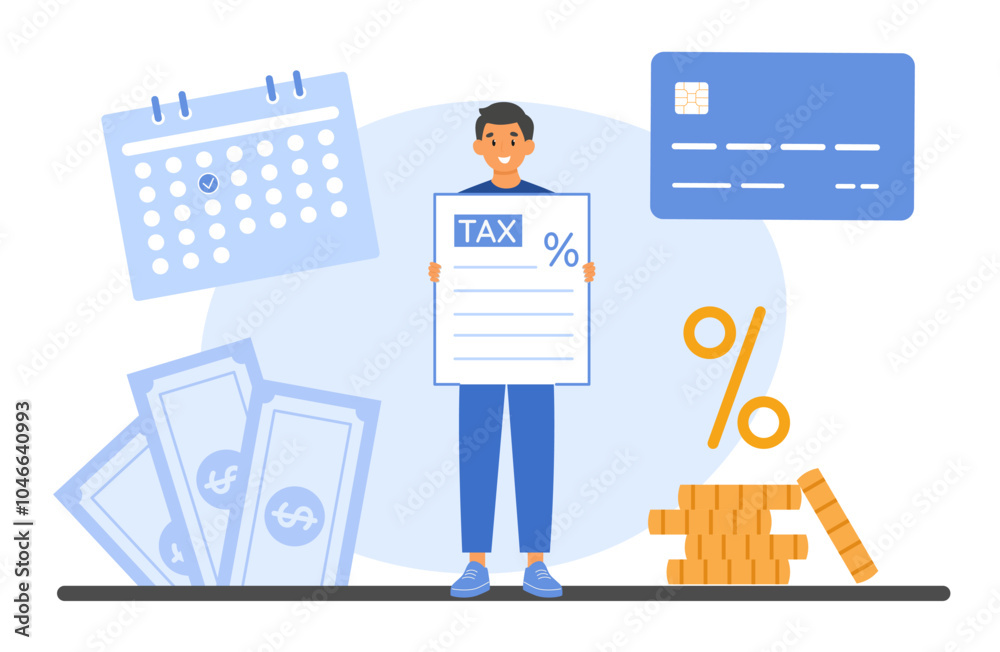 Man holding a tax document near a bank. Timely financial operations and tax management Man holding a tax document near a bank. Timely financial operations and tax management