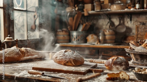 Artisan Bread on Rustic Table, Freshly baked bread cooling on a wooden surface in a cozy bakery, surrounded by vintage baking tools and a sprinkle of flour. photo