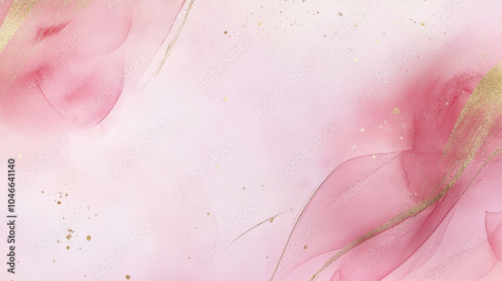 Fototapeta premium Photo of, Pink background with minimalist watercolor brush strokes and golden accents for design, banner template