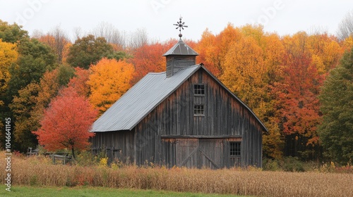 A rustic barn with a weather vane and surrounded by fall foliage.