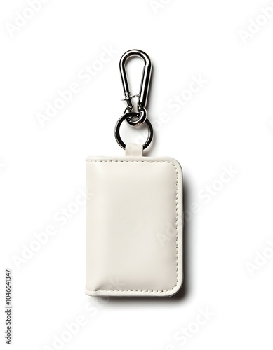 White leather keychain wallet, key holder wallet with stainless steel carabiner hook on grey background photo