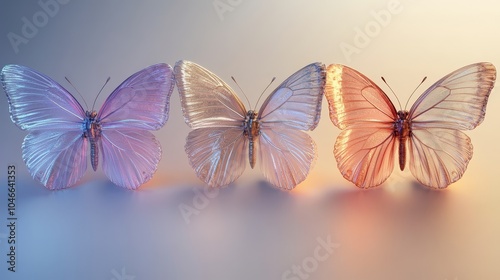 three Iridescent mother-of-pearl butterflies in row on light background