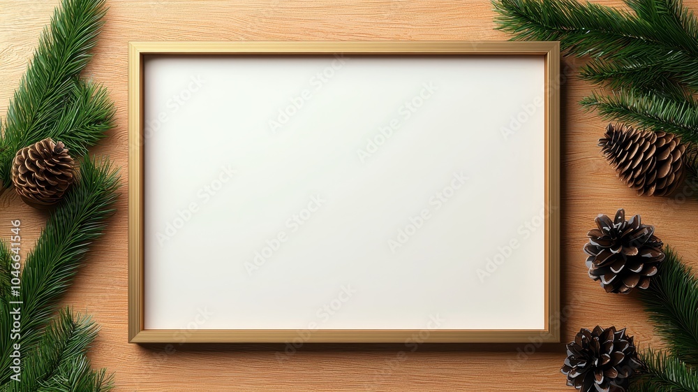 A simple wooden frame rests on a table, surrounded by pine branches and pinecones, creating a rustic, seasonal ambiance.