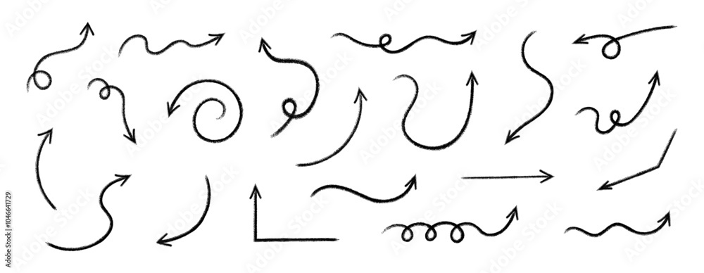 Vector hand-drawn grunge doodle chalk arrows set. Direction navigation. Black brush arrow elements and symbols of direction pointers for the infographic. Arrows for web design or interface. Vector hand-drawn grunge doodle chalk arrows set. Direction navigation. Black brush arrow elements and symbols of direction pointers for the infographic. Arrows for web design or interface.