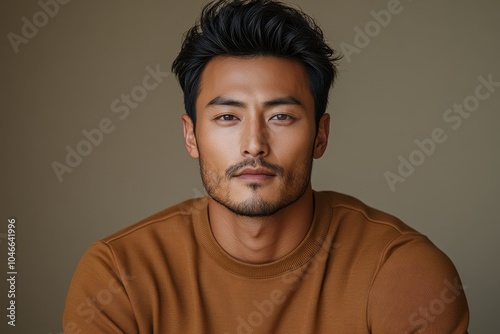 portrait of brutal Asian man in brown sweatshirt on beige background