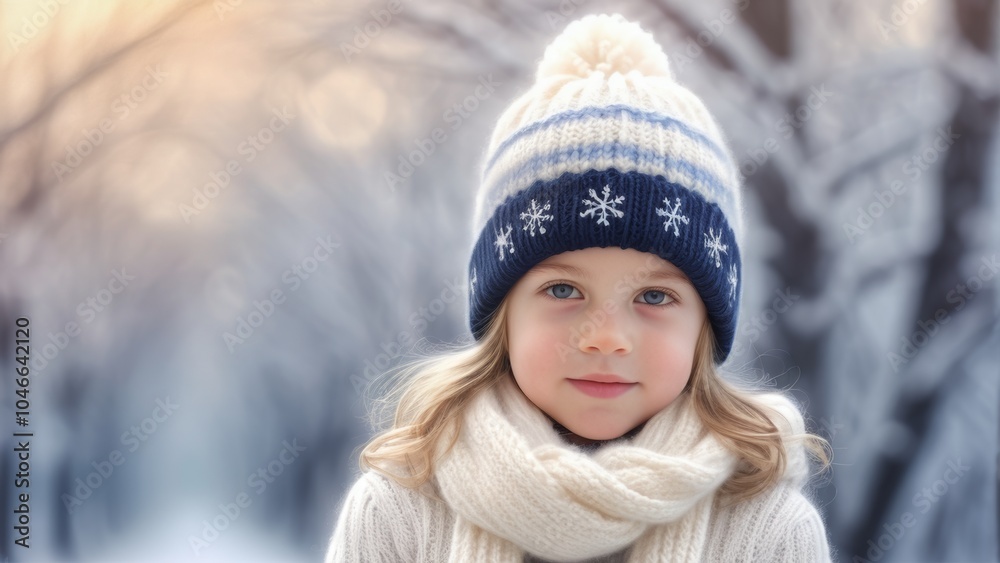 Child in a winter hat, snow in the park