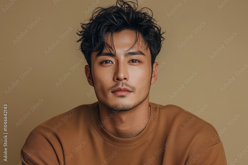 © Руслан Галиуллин - closeup portrait of brutal Asian young man in brown sweatshirt on beige background © Руслан Галиуллин - closeup portrait of brutal Asian young man in brown sweatshirt on beige background