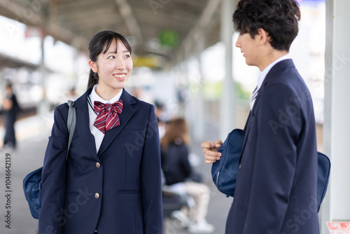 友人と会話する学生