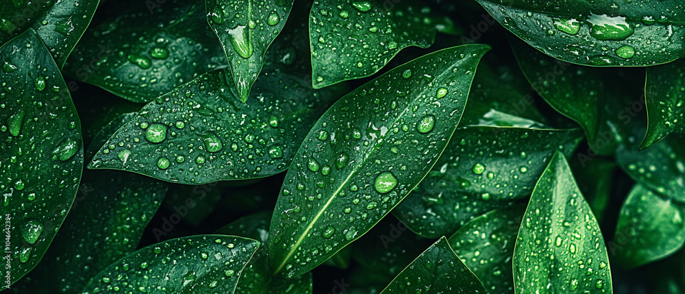 Obraz premium Close Up of Green Leaves with Water Drops