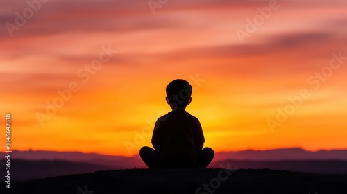 Child meditating during sunset, serene and peaceful atmosphere.