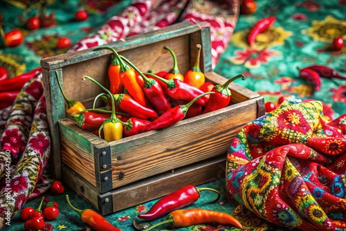 Retro Crate of Chili Peppers in Fashion Photography Style, Vintage Aesthetic with Bold Colors and Textures, Ideal for Culinary, Food Styling, and Creative Fashion Projects