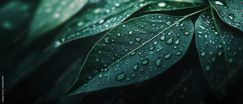 Fototapeta premium Closeup of Dew Drops on Lush Green Leaves in Nature