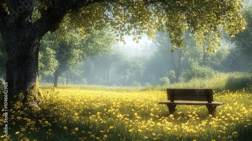 A serene meadow with a wooden bench under a tree.