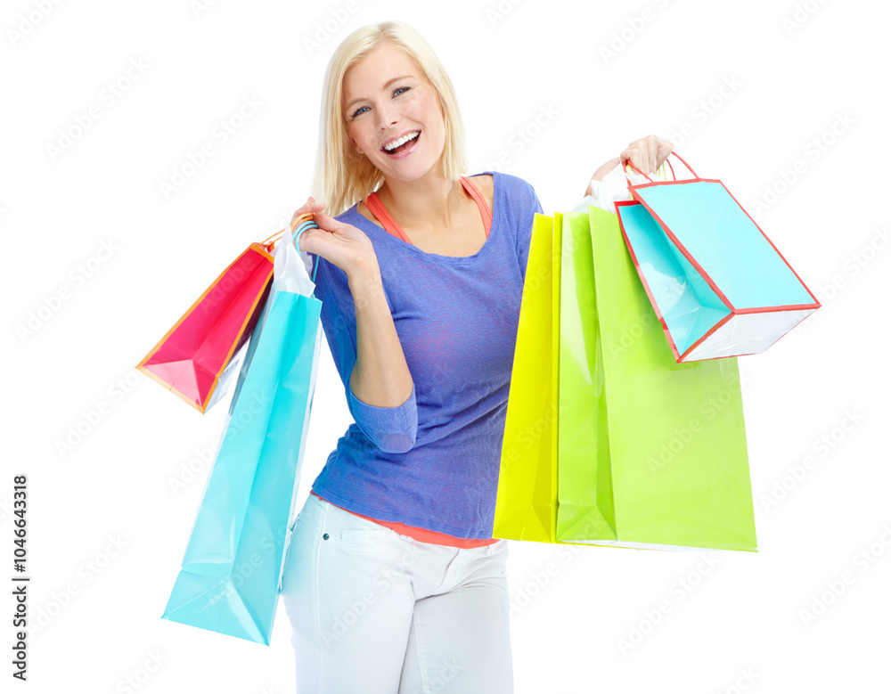 Studio, excited and portrait of woman with shopping bag for fashion discount, retail or commerce. Happy, customer and female person with package for boutique gift, clothes or sale by white background Studio, excited and portrait of woman with shopping bag for fashion discount, retail or commerce. Happy, customer and female person with package for boutique gift, clothes or sale by white background