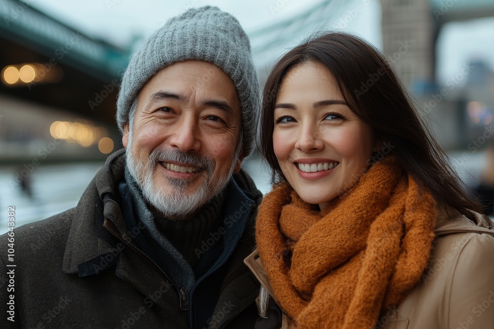 Asian couple, portrait of adult man and woman in coat London bridge in the background Asian couple, portrait of adult man and woman in coat London bridge in the background