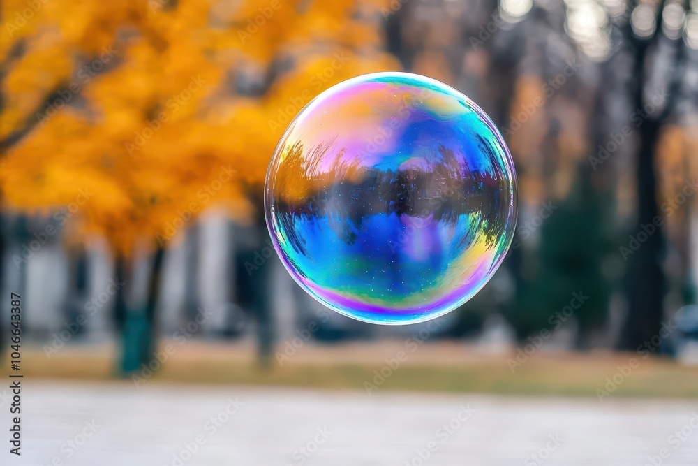 Colorful soap bubble floating in an autumn park landscape. Colorful soap bubble floating in an autumn park landscape.