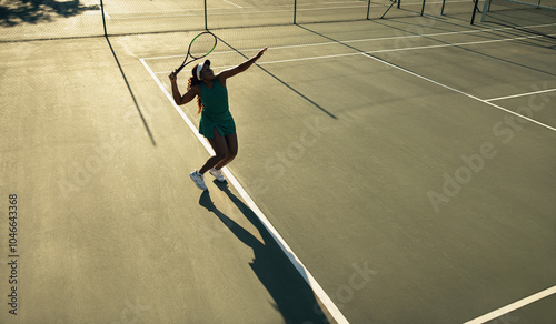 Female tennis player serving on court at sunset, backlit silhouette