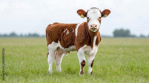 Cow standing on green grass, white isolate background photo