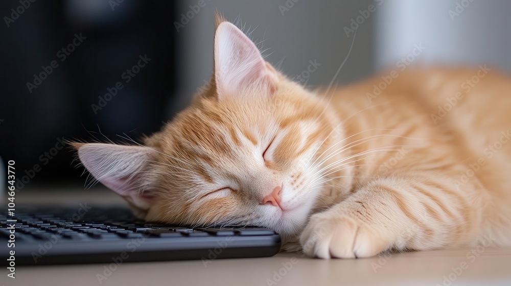 Cute sleeping orange cat next to computer keyboard, cozy vibes Cute sleeping orange cat next to computer keyboard, cozy vibes