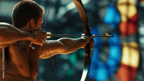 A man is holding a bow and arrow and aiming at a target