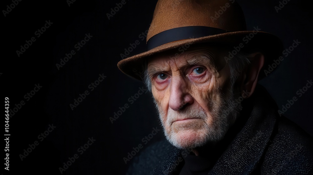 Elderly man with intense expression wearing a brown hat. Elderly man with intense expression wearing a brown hat.
