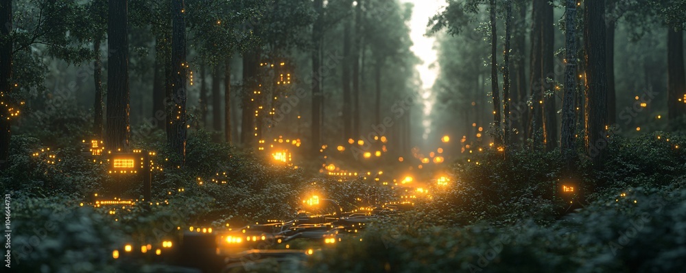 Fototapeta premium A serene forest scene where AI-powered robots tend to the environment, blending seamlessly with nature, glowing circuitry on trees