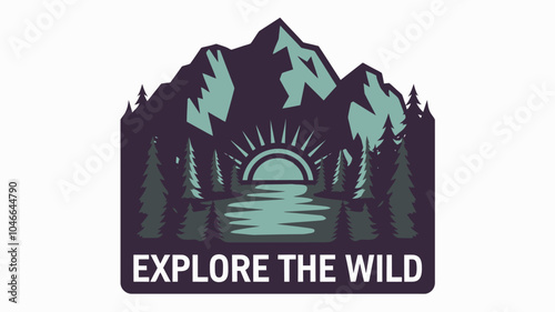 Stylized Travel Logo with Mountains, Water, and Trees for Adventure Branding
