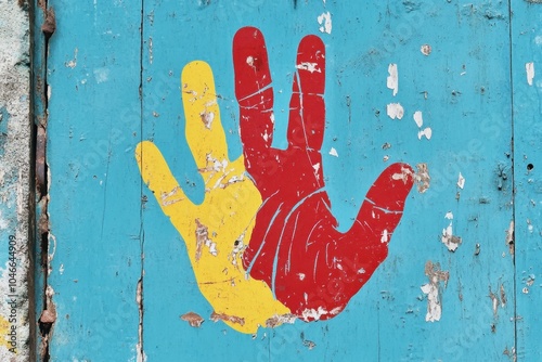Colorful handprint on weathered blue door