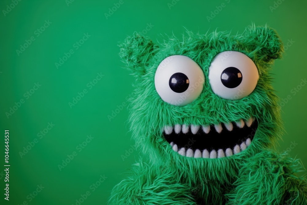 Obraz premium Whimsical green furry monster plush toy with googly eyes on green background