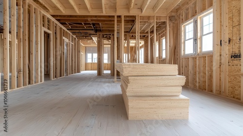 Interior view of unfinished construction site with wooden structure.