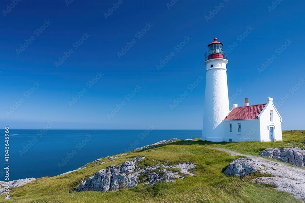 Lighthouse on rocky shore under clear blue sky. Lighthouse on rocky shore under clear blue sky.