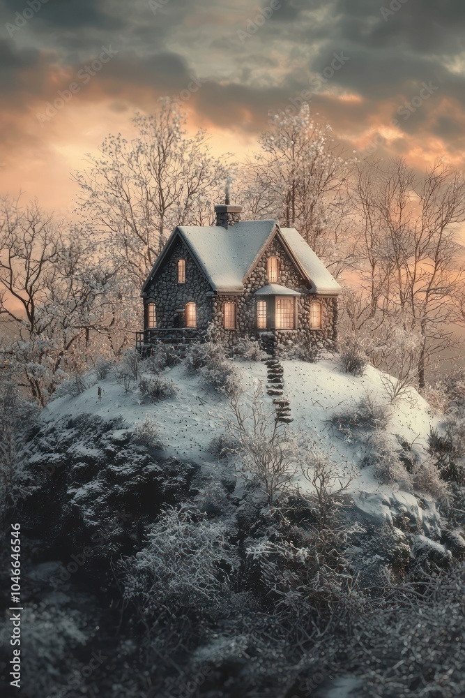 Home nestled on a snowy, wooded hill. Home nestled on a snowy, wooded hill.